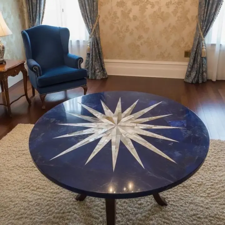 Natural Lapis Lazuli coffee table with royal blue stone surface and designer base for luxury living room interiors in USA