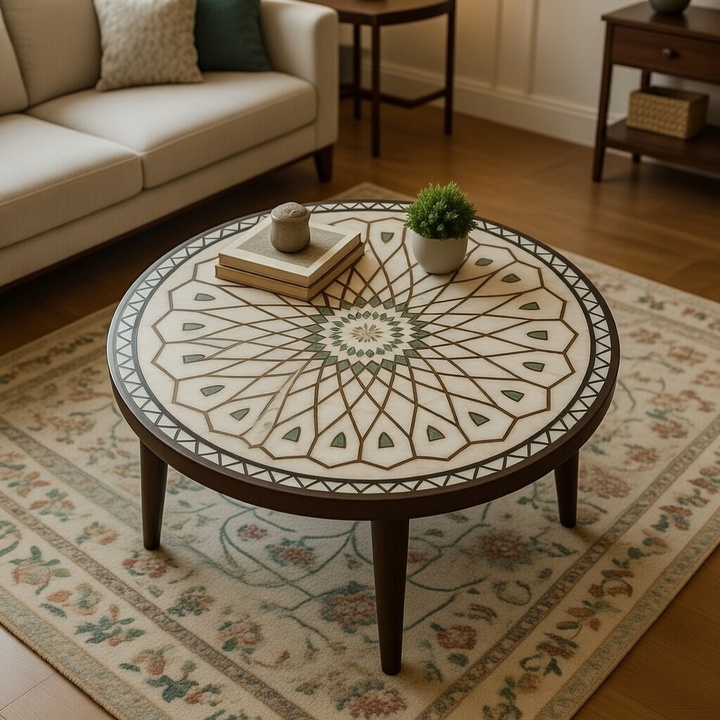 Handcrafted Mother of Pearl Stone Table | Designer Inlay Furniture - Image 2
