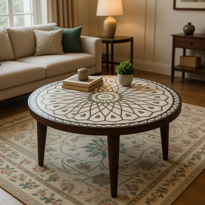 Handcrafted Mother of Pearl Stone Table | Designer Inlay Furniture - Image 4