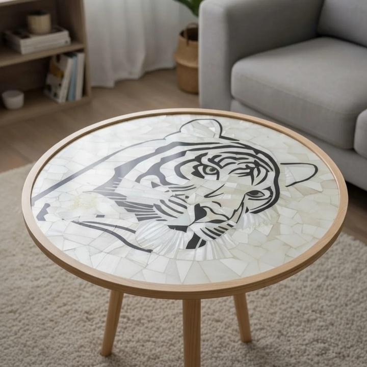 Elegant Mother of Pearl Inlay Table | Luxury Tiger Art Handmade Stone Furniture - Image 2