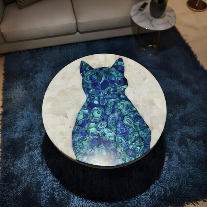 Mother of Pearl Shell Inlay Table | Handmade Luxury Cat Art Interior Furniture - Image 4