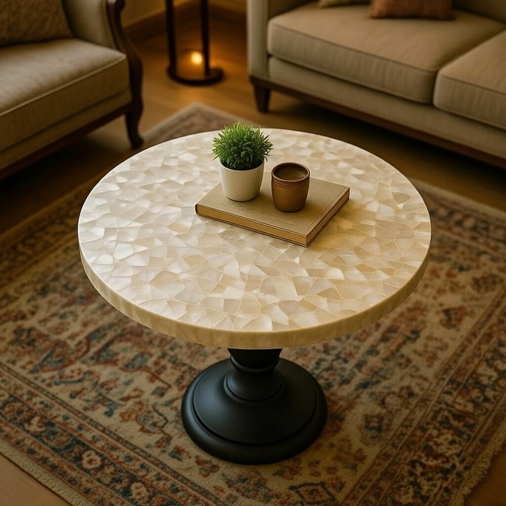 Luxury Mother of Pearl Inlay Table | Handmade Shell Stone Furniture - Image 2