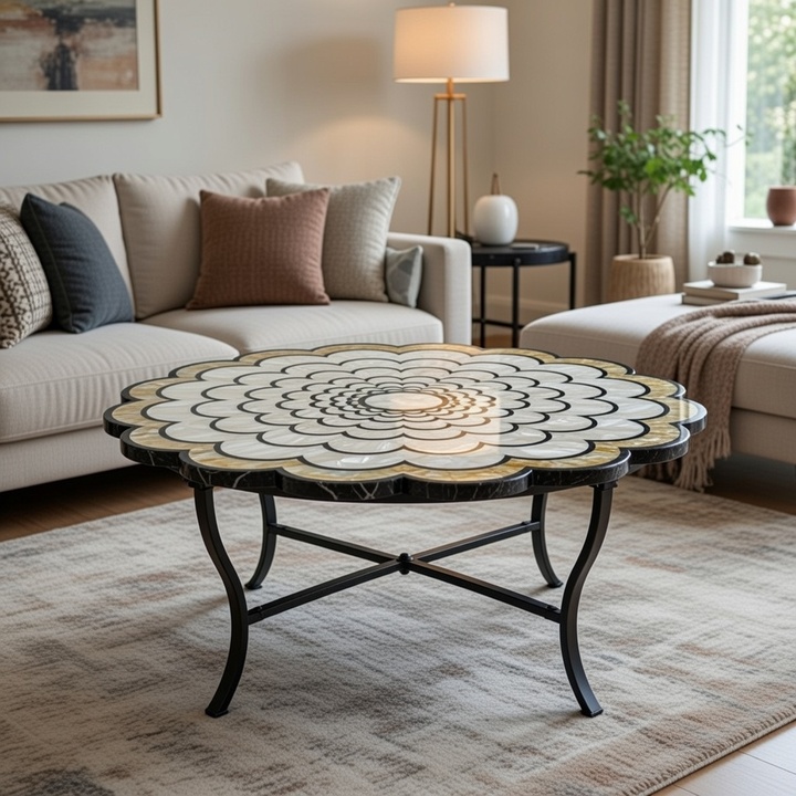 Artisan Mother of Pearl Stone Table | Luxury Inlay Furniture Piece - Image 2