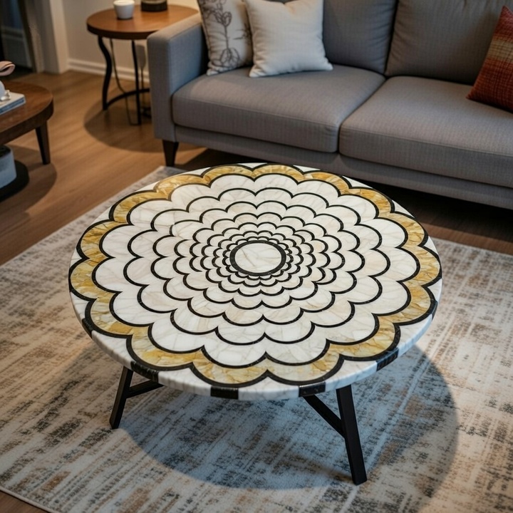 Artisan Mother of Pearl Stone Table | Luxury Inlay Furniture Piece - Image 3