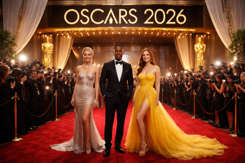 Celebrity fashion at Oscars 2026 featuring elegant red carpet gowns, tuxedos, and Hollywood award show style