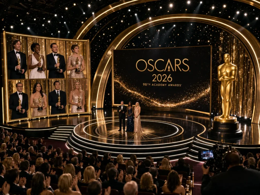 Oscars 2026 award ceremony stage with golden lighting, Oscar statue, presenters, and audience at the 98th Academy Awards