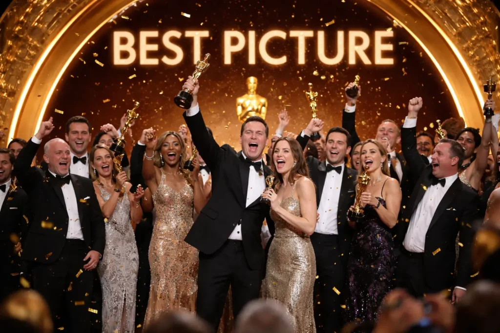 Best Picture winner celebration at Oscars 2026 with cast and producers holding Academy Awards on stage