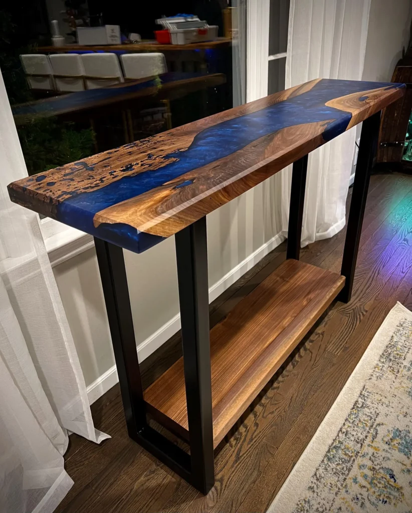 Handmade walnut epoxy river console table with metal legs – luxury live edge furniture for U.S. homes