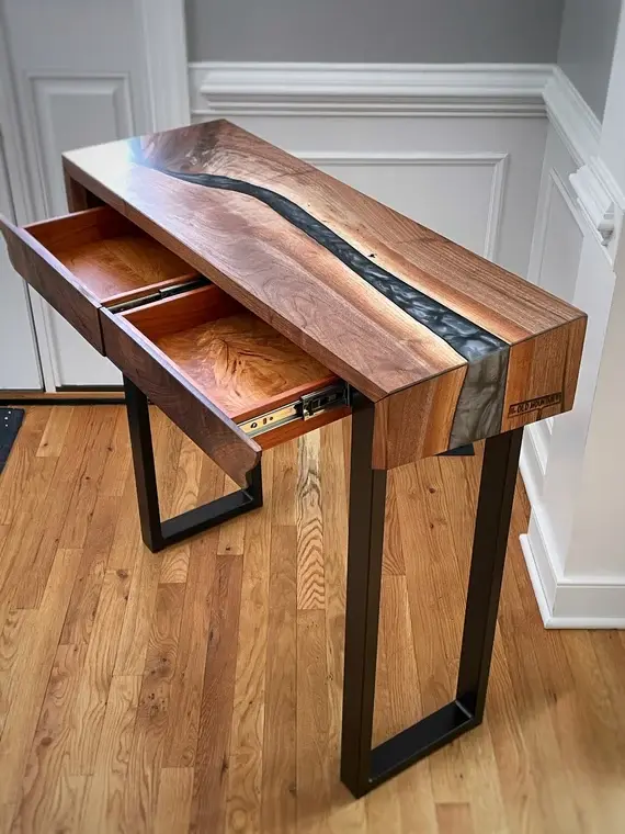 Modern walnut live edge console table with epoxy river design for contemporary U.S. interior décor