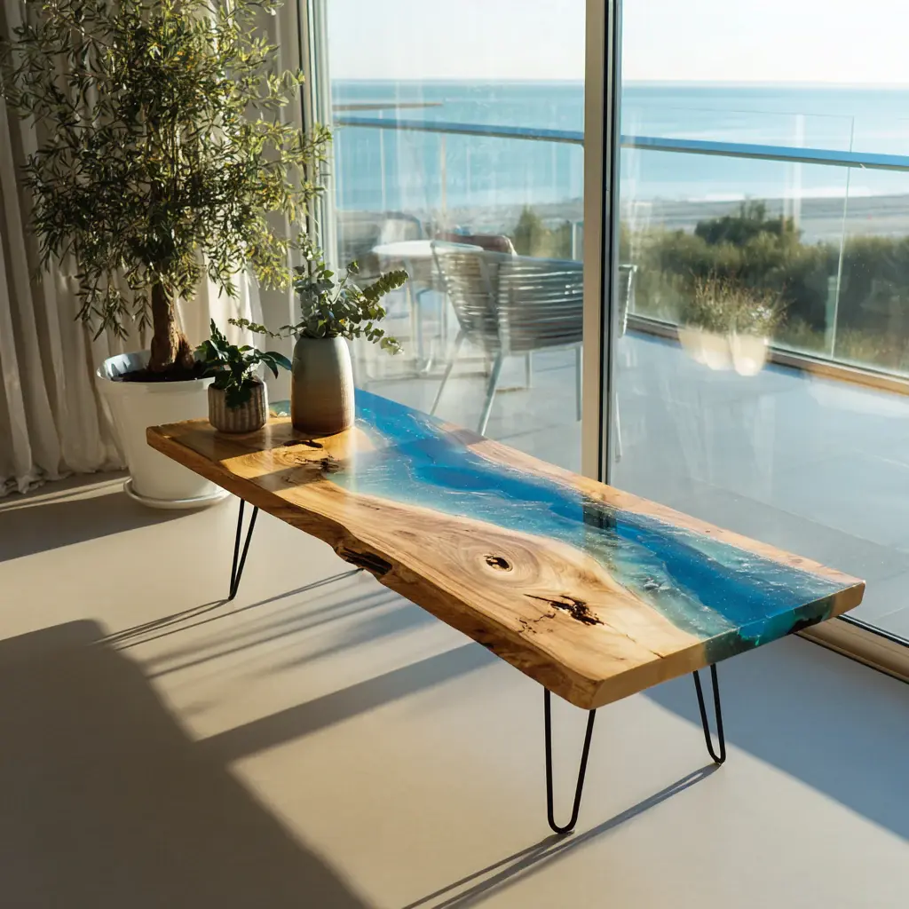 Modern luxury epoxy resin console tables with wood slab tops and custom resin finishes for USA homes
