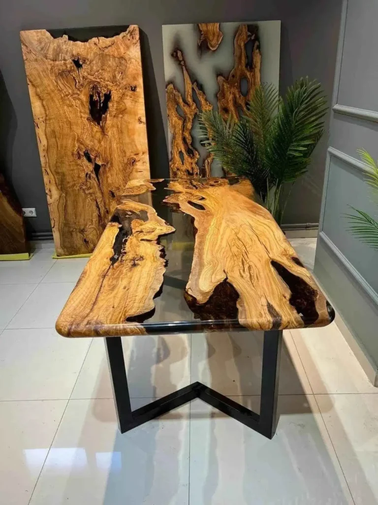 Designer epoxy resin console tables in black, blue river, and live edge wood styles for luxury interiors