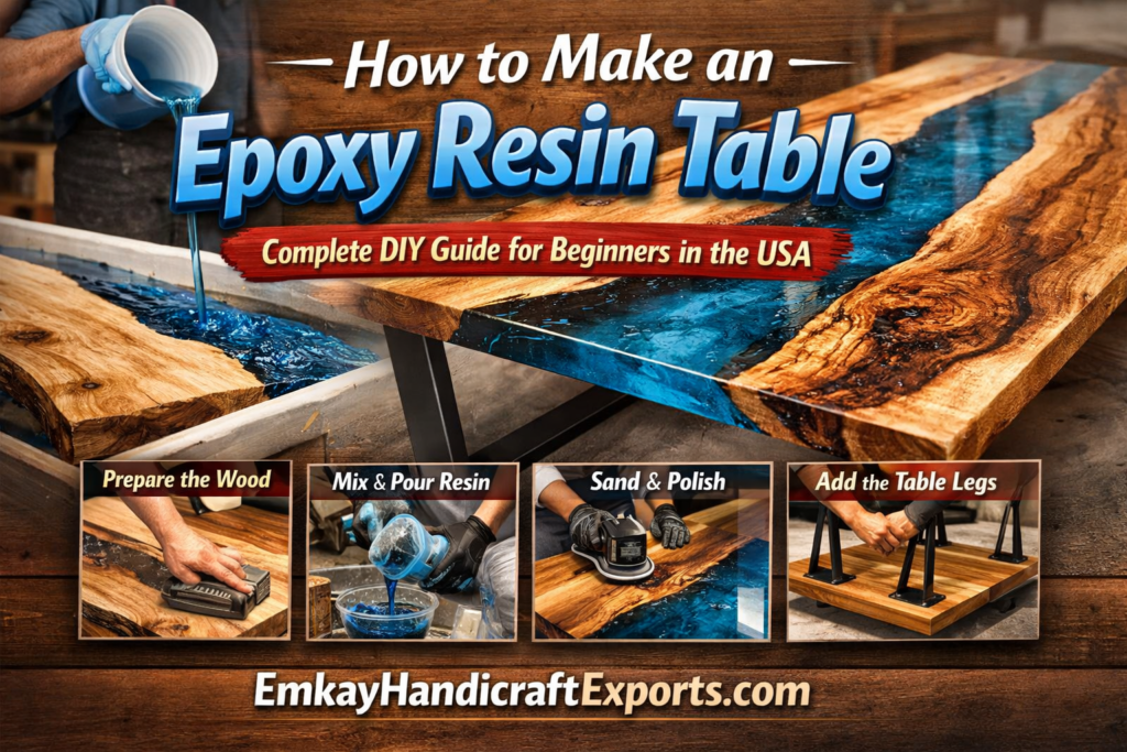 DIY epoxy resin table pouring process in a woodworking workshop