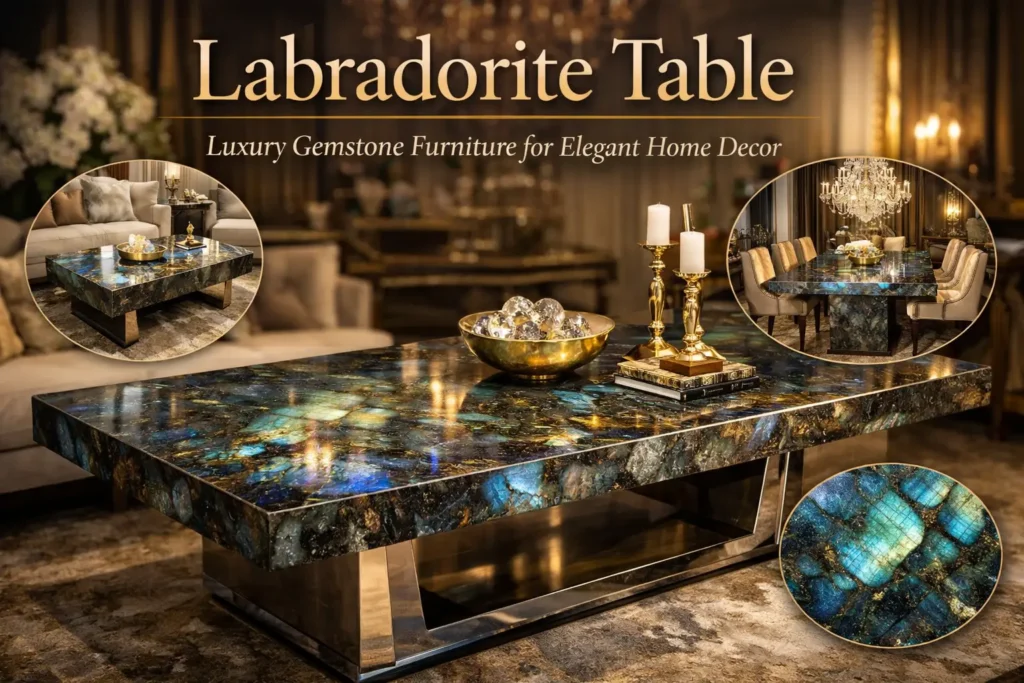 Luxury labradorite table with blue gemstone surface in elegant modern home decor setting