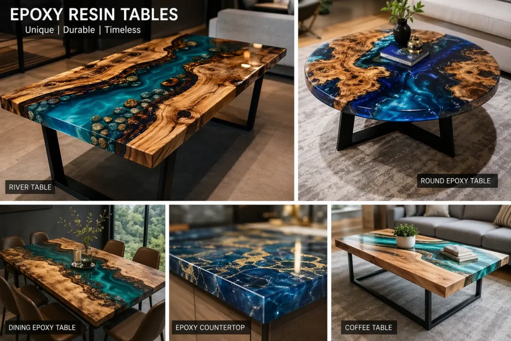 Luxury live edge river epoxy table with blue resin flow, natural wood slab, and modern black metal legs in a contemporary living room