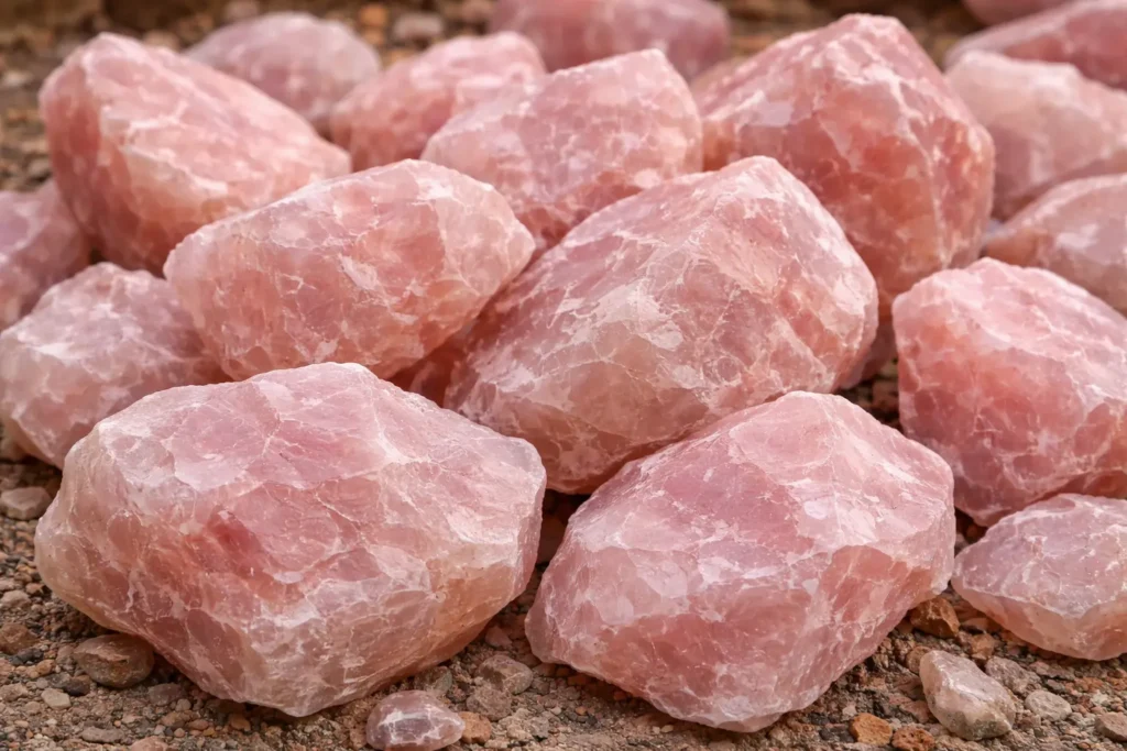 Handcrafted rose quartz vessel sink in luxury bathroom interior