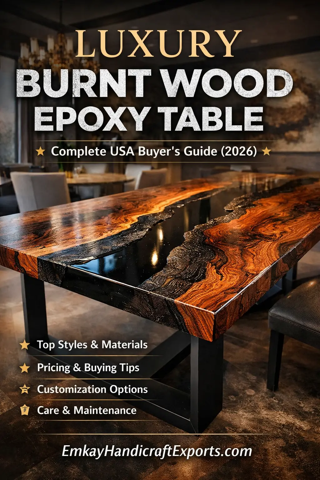 Luxury burnt wood epoxy dining table in a modern USA home