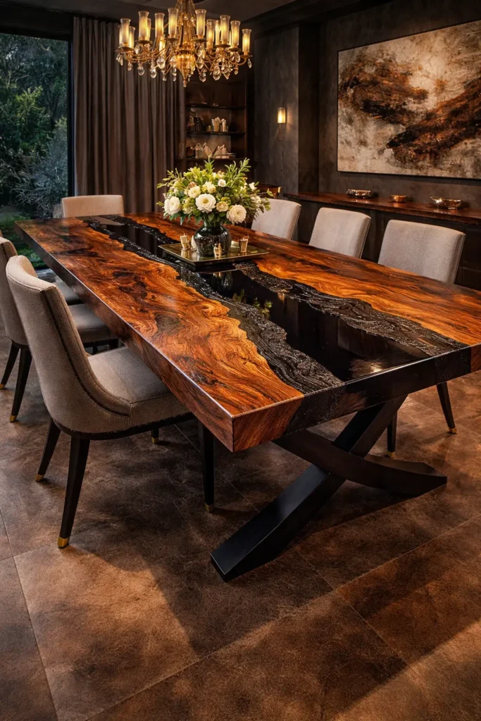 Close-up of charred wood grain and black epoxy resin finish