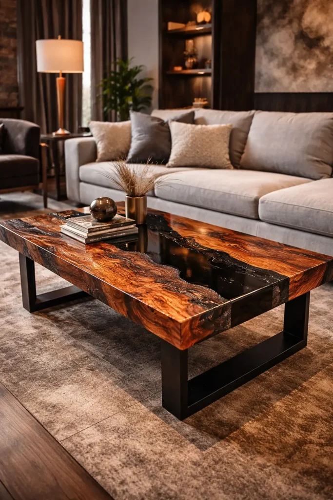 Burnt wood epoxy coffee table in a luxury contemporary living room
