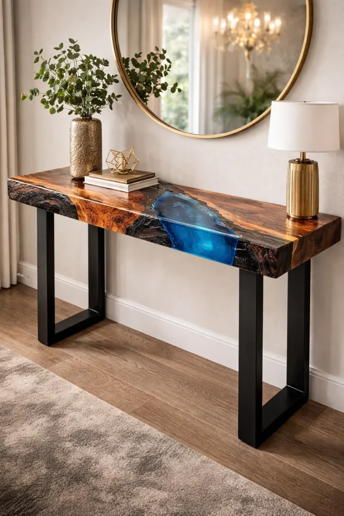 Handmade live edge burnt wood epoxy table with premium chairs