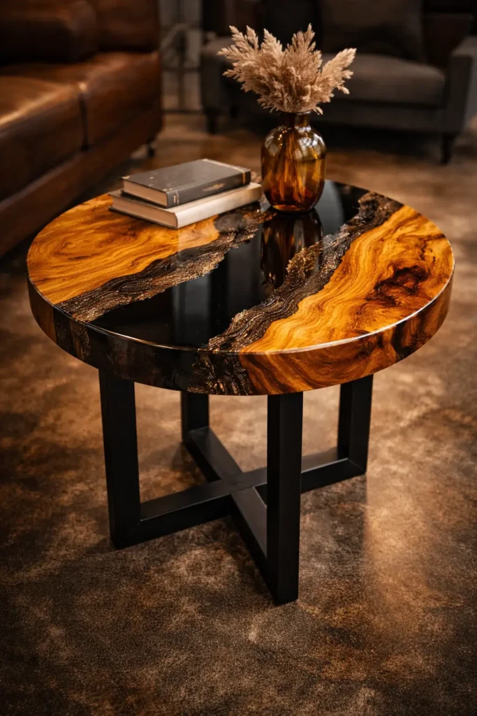 Artisan crafting a burnt wood epoxy table by hand