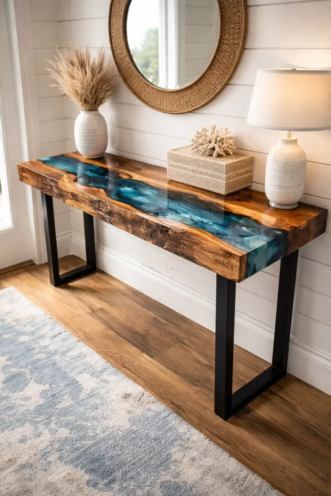 Live edge river epoxy console table with natural wood grain
