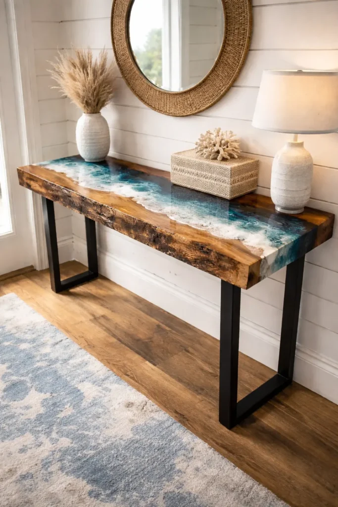 Ocean blue epoxy resin console table idea for coastal USA home