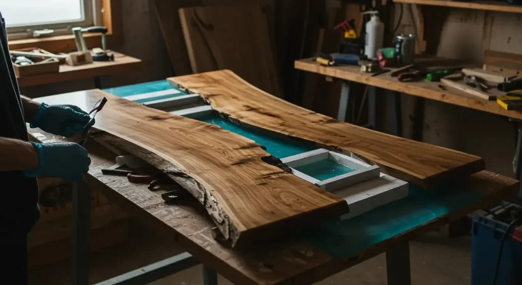 Live edge wood and blue epoxy river table close-up for luxury home decor