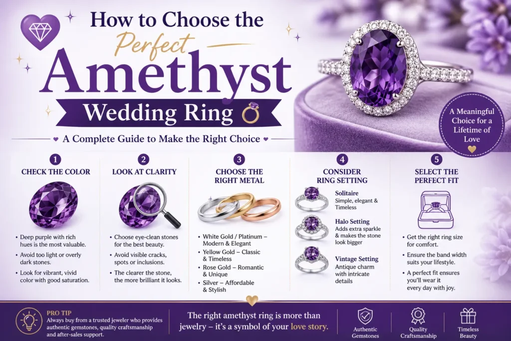 How to choose the perfect amethyst wedding ring USA guide including color clarity setting and metal tips